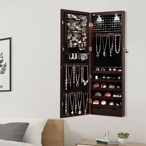 Armoire à Bijoux Avec LED Miroir Et Tiroirs Pour Maquillage Bijoux 37 X 9,5 X108 Cm Brun