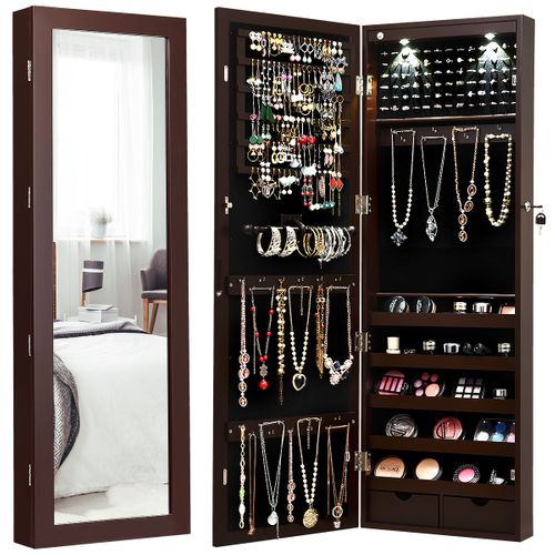 Armoire à Bijoux Avec LED Miroir Et Tiroirs Pour Maquillage Bijoux 37 X 9,5 X108 Cm Brun