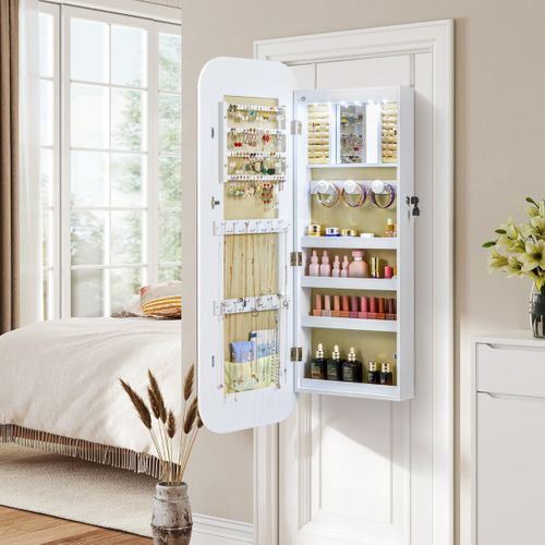 Armoire à Bijoux Avec Miroir 6 LED Organiseur De Bijoux Verrouillable à Montage Mural Ou Sur Porte
