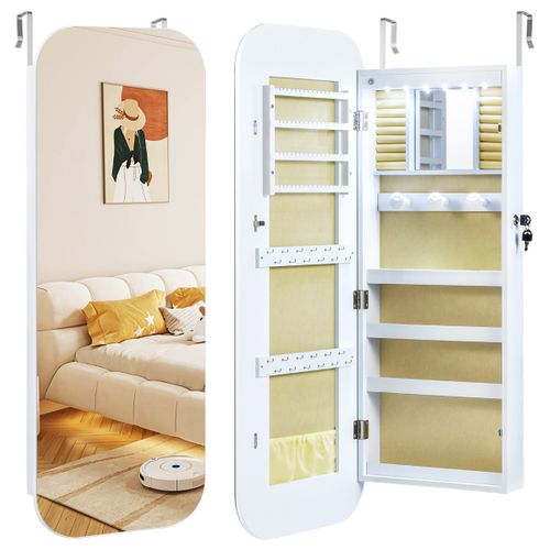 Armoire à Bijoux Avec Miroir 6 LED Organiseur De Bijoux Verrouillable à Montage Mural Ou Sur Porte