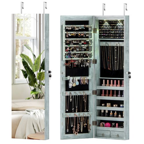 Armoire à Bijoux Avec Miroir LED Multiples Rangements Avec Crochets 120x36x10cm Bleu