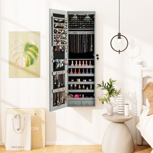 Armoire à Bijoux Avec Miroir LED Multiples Rangements Avec Crochets 120x36x10cm Gris