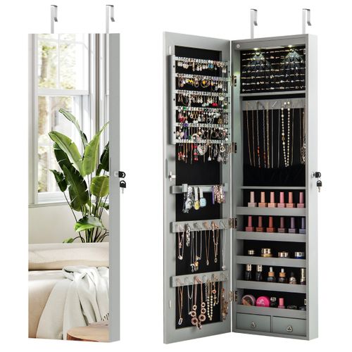 Armoire à Bijoux Avec Miroir LED Multiples Rangements Avec Crochets 120x36x10cm Gris