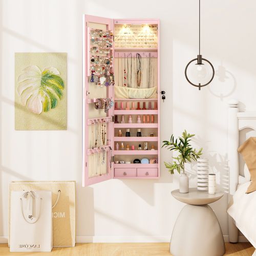 Armoire à Bijoux Avec Miroir LED Multiples Rangements Avec Crochets 120x36x10cm Rose