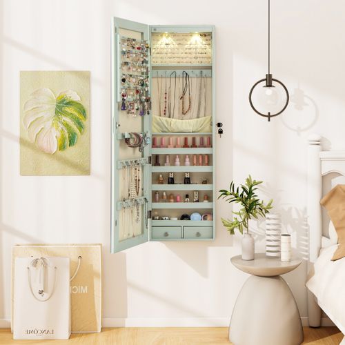 Armoire à Bijoux Mural Avec Miroir Et LED Accrochée à La Porte 120 X 36 X 10 Cm Vert Clair