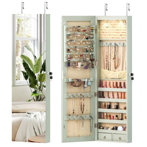 Armoire à Bijoux Mural Avec Miroir Et LED Accrochée à La Porte 120 X 36 X 10 Cm Vert Clair