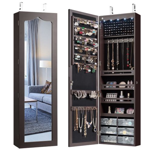 Armoire à Bijoux Murale LED Avec Miroir 6 Tiroirs Crochet Ajustable 120x36,5x11,5cm Marron