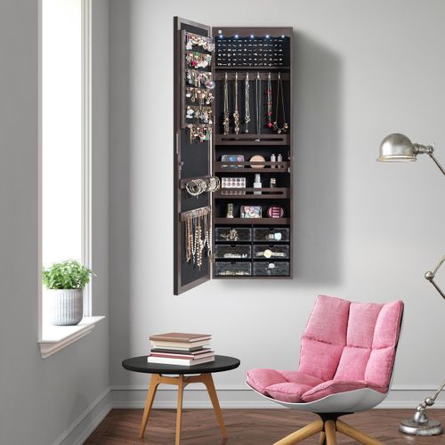 Armoire à Bijoux Murale LED Avec Miroir 6 Tiroirs Crochet Ajustable 120x36,5x11,5cm Marron