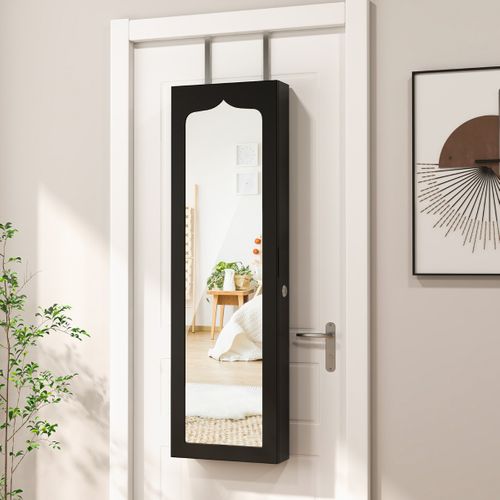 Armoire à Bijoux Murale LED Avec Miroir 6 Tiroirs Crochet Ajustable 120x36,5x11,5cm Noir