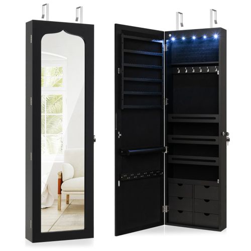Armoire à Bijoux Murale LED Avec Miroir 6 Tiroirs Crochet Ajustable 120x36,5x11,5cm Noir
