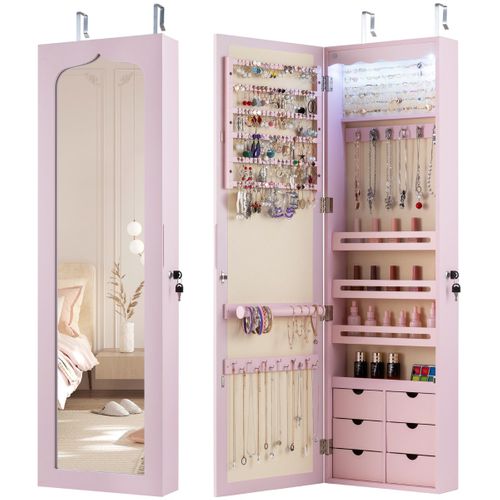 Armoire à Bijoux Murale LED Avec Miroir 6 Tiroirs Crochet Ajustable 120x36,5x11,5cm Rose
