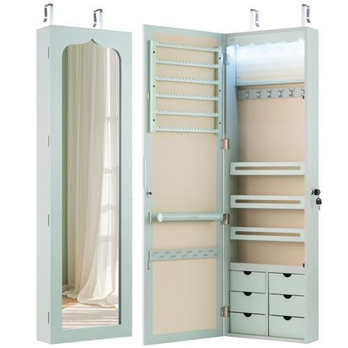 Armoire à Bijoux Murale LED Avec Miroir 6 Tiroirs Hauteur Du Crochet Ajustable 120x36,5x11,5cm Vert
