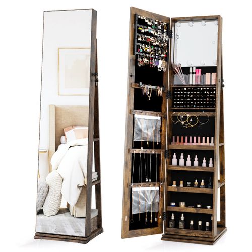Armoire à Bijoux Pivotante Avec Miroir Pleine Longueur Et Étagères Arrière Miroir Avec Éclairage