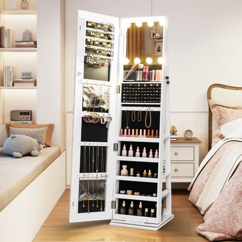 Armoire à Bijoux Pivotante Organisateur Indépendant Avec Miroir Et Étagères Arrière 3 Boîtes
