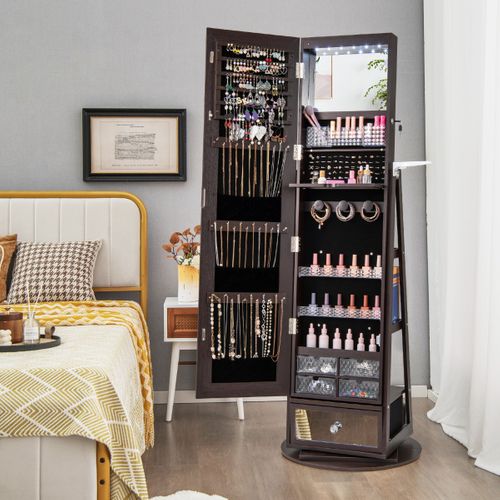 Armoire à Bijoux Pivotante Miroir Pleine Longueur Lumières LED Etagère 3 Niveaux 56 X 164 Cm Café