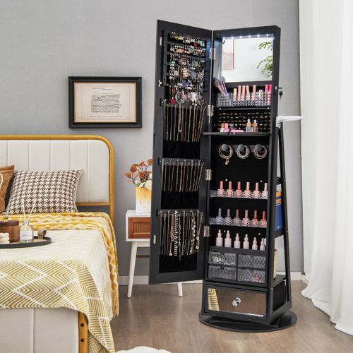 Armoire à Bijoux Pivotante Miroir Pleine Longueur Lumières LED Etagère 3 Niveaux 56 X 164 Cm Noir