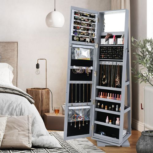 Armoire à Bijoux Pivotante Avec Miroir Psyché Et Etagère De Rangement Gris