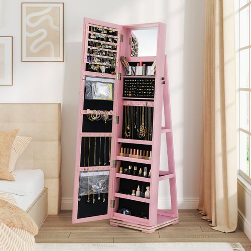 Armoire à Bijoux Pivotante Avec Miroir Psyché Et Etagère De Rangement Rose