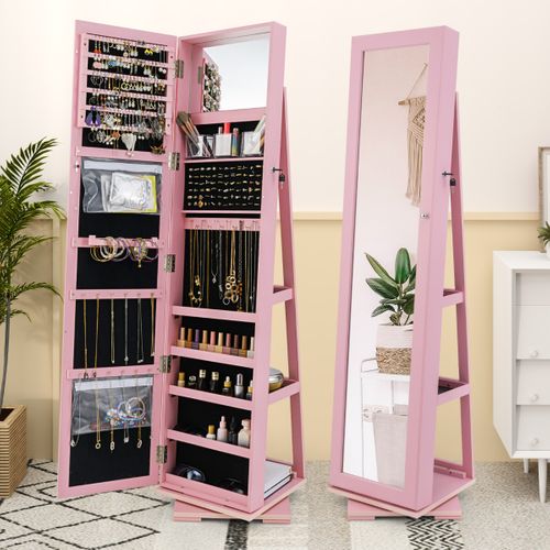 Armoire à Bijoux Pivotante Avec Miroir Psyché Et Etagère De Rangement Rose