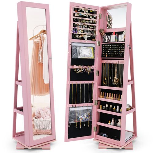 Armoire à Bijoux Pivotante Avec Miroir Psyché Et Etagère De Rangement Rose