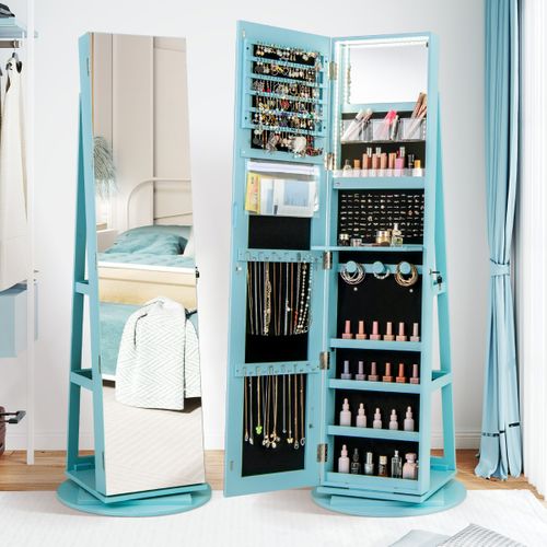 Armoire à Bijoux Pivotante LED 3 Couleurs Miroir Pleine Longueur Avec Rangement Bleu
