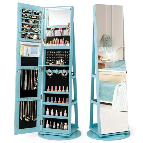 Armoire à Bijoux Pivotante LED 3 Couleurs Miroir Pleine Longueur Avec Rangement Bleu