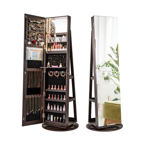 Armoire à Bijoux Pivotante LED 3 Couleurs Miroir Pleine Longueur Avec Rangement Brun Rustique