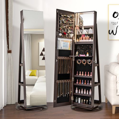 Armoire à Bijoux Pivotante LED 3 Couleurs Miroir Pleine Longueur Avec Rangement Brun Rustique