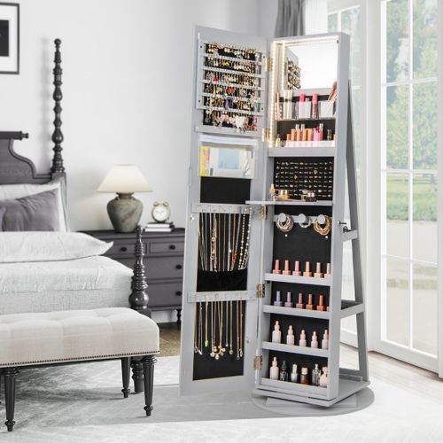 Armoire à Bijoux Pivotante LED 3 Couleurs Miroir Pleine Longueur Avec Rangement Gris