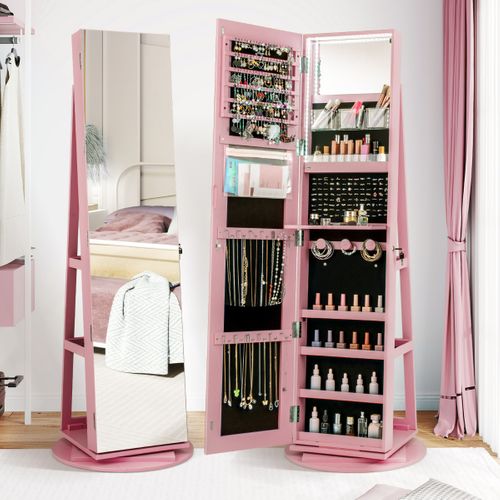 Armoire à Bijoux Pivotante LED 3 Couleurs Miroir Pleine Longueur Avec Rangement Rose