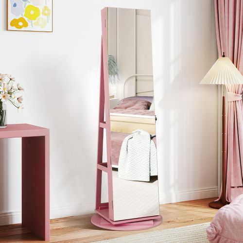 Armoire à Bijoux Pivotante LED 3 Couleurs Miroir Pleine Longueur Avec Rangement Rose