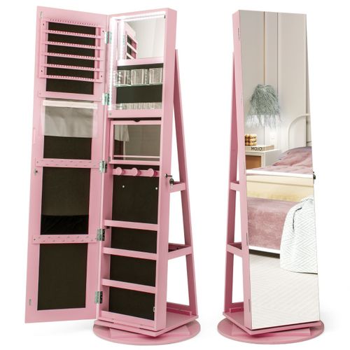 Armoire à Bijoux Pivotante LED 3 Couleurs Miroir Pleine Longueur Avec Rangement Rose