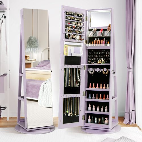Armoire à Bijoux Pivotante LED 3 Couleurs Miroir Pleine Longueur Avec Rangement Violet