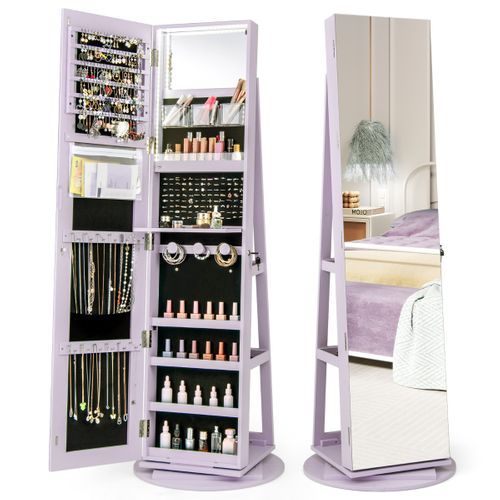 Armoire à Bijoux Pivotante LED 3 Couleurs Miroir Pleine Longueur Avec Rangement Violet
