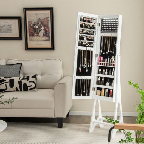 Armoire à Bijoux Sur Pied Avec 12 LED Angle Réglable 36 X 33,5 X 154,5 Cm Blanc