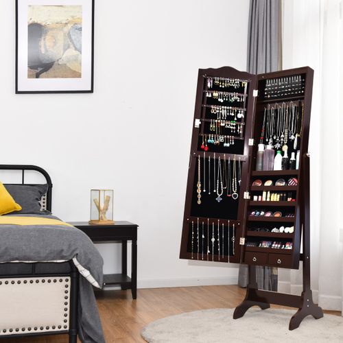Armoire à Bijoux Sur Pied Avec 14 Lampes LED Verrouillable Réglable à 4 Angles Marron