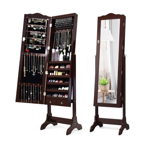 Armoire à Bijoux Sur Pied Avec 14 Lampes LED Verrouillable Réglable à 4 Angles Marron