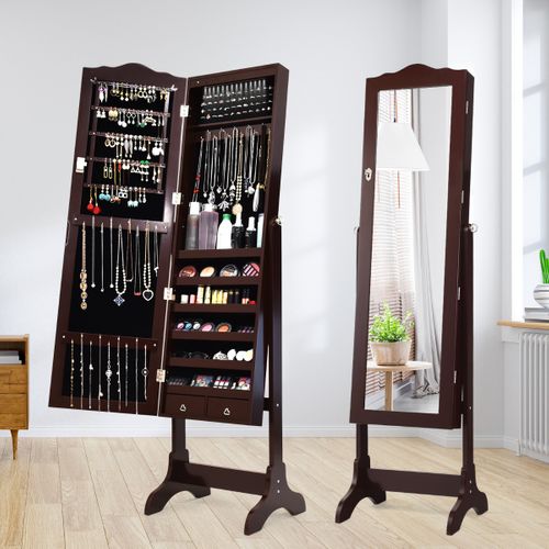 Armoire à Bijoux Sur Pied Avec 14 Lampes LED Verrouillable Réglable à 4 Angles Marron