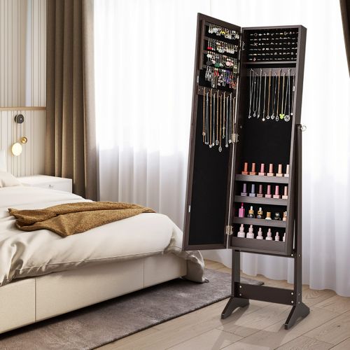Armoire à Bijoux Sur Pied Avec Miroir Armoire De Rangement Cosmétiques Réglables Café