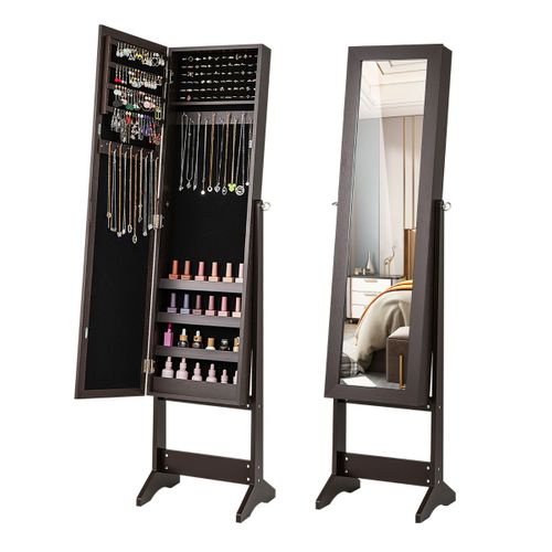 Armoire à Bijoux Sur Pied Avec Miroir Armoire De Rangement Cosmétiques Réglables Café