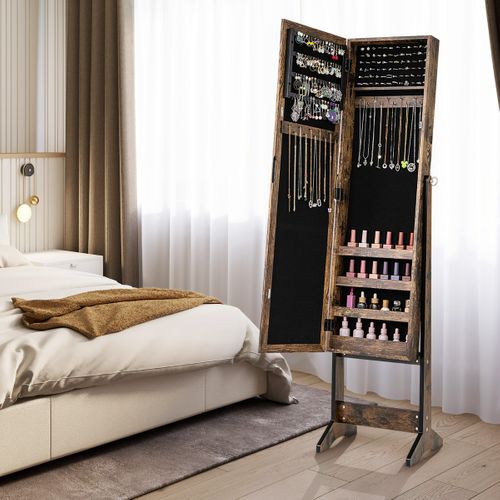 Armoire à Bijoux Sur Pied Avec Miroir Armoire De Rangement Cosmétiques Réglables Marron