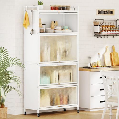 Desserte De Cuisine Armoire De Cuisine Avec 4 Portes Relevables Pour Micro-ondes Blanc