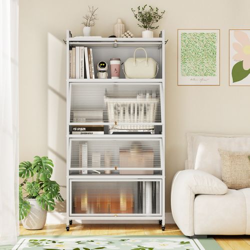 Desserte De Cuisine Armoire De Cuisine Avec 4 Portes Relevables Pour Micro-ondes Blanc