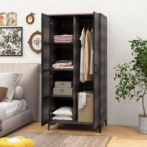 Armoire Penderie Organisateur De Vêtements Osier 2 Porteset 4 Cubes 72 X 50 X 157 Cm Marron
