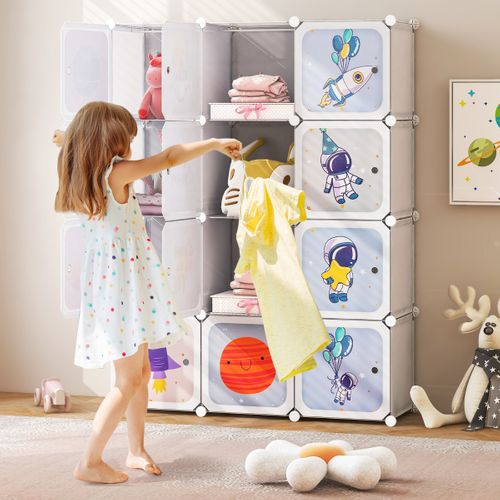 Armoire Portable Pour Enfants 12 Cubes Penderie Organisateur De Rangement 107x36x142 Cm Blanc