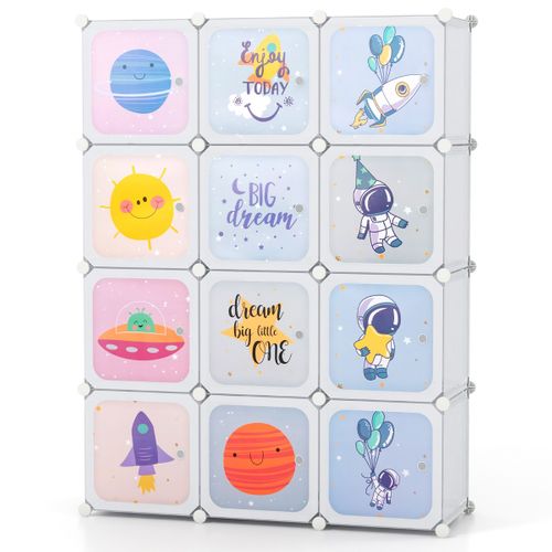Armoire Portable Pour Enfants 12 Cubes Penderie Organisateur De Rangement 107x36x142 Cm Blanc