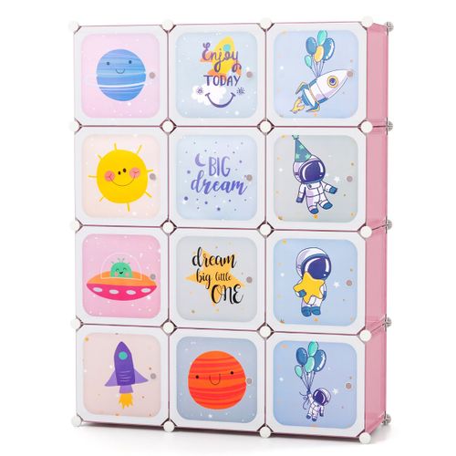 Armoire Portable Pour Enfants 12 Cubes Penderie Organisateur De Rangement 107x36x142 Cm Rose