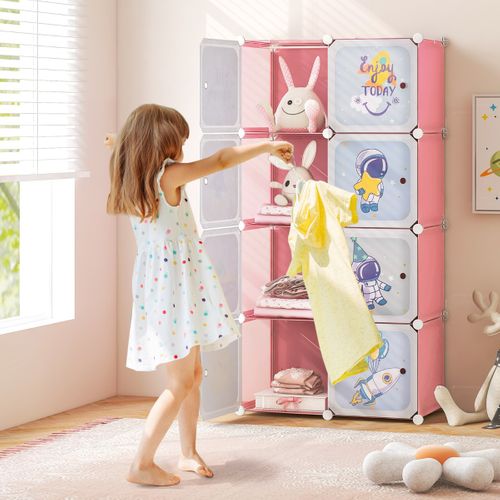 Armoire Portable Pour Enfants 8 Cubes Avec Portes Modulaire Meuble à Tiroirs 71x36x142 Cm Rose