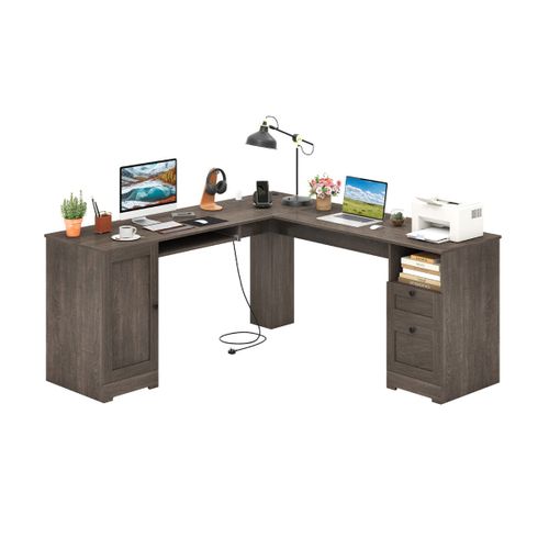 Bureau D'ordinateur En Forme De L Moderne Avec Prises De Courant 2 Tiroirs 168x168x76cm Gris