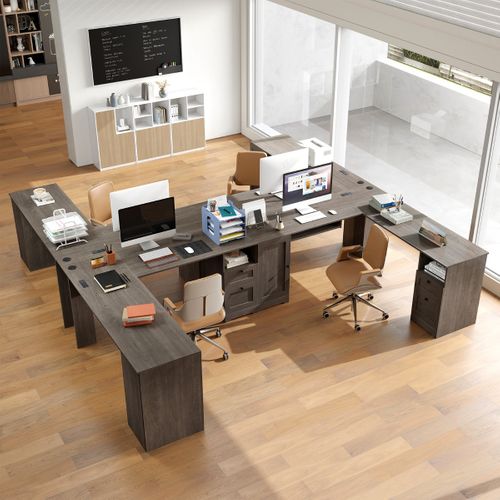 Bureau D'ordinateur En Forme De L Moderne Avec Prises De Courant 2 Tiroirs 168x168x76cm Gris